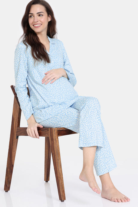 Zivame Maternity Summer Thyme Knit Cotton Pyjama Set - Starlight Blue — image 4